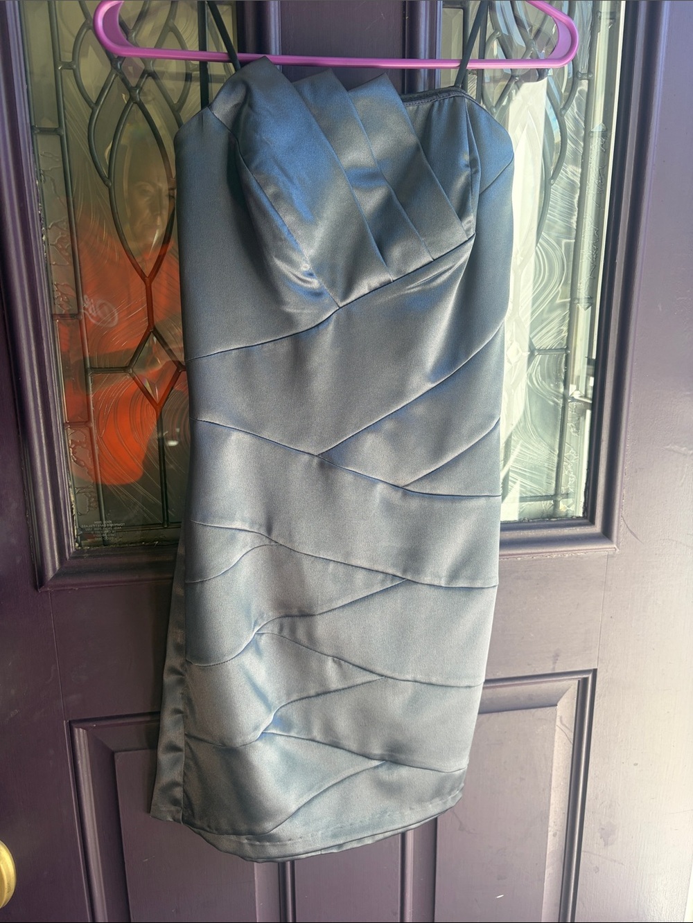 Strapless Satin Cocktail Dress in Steel Blue